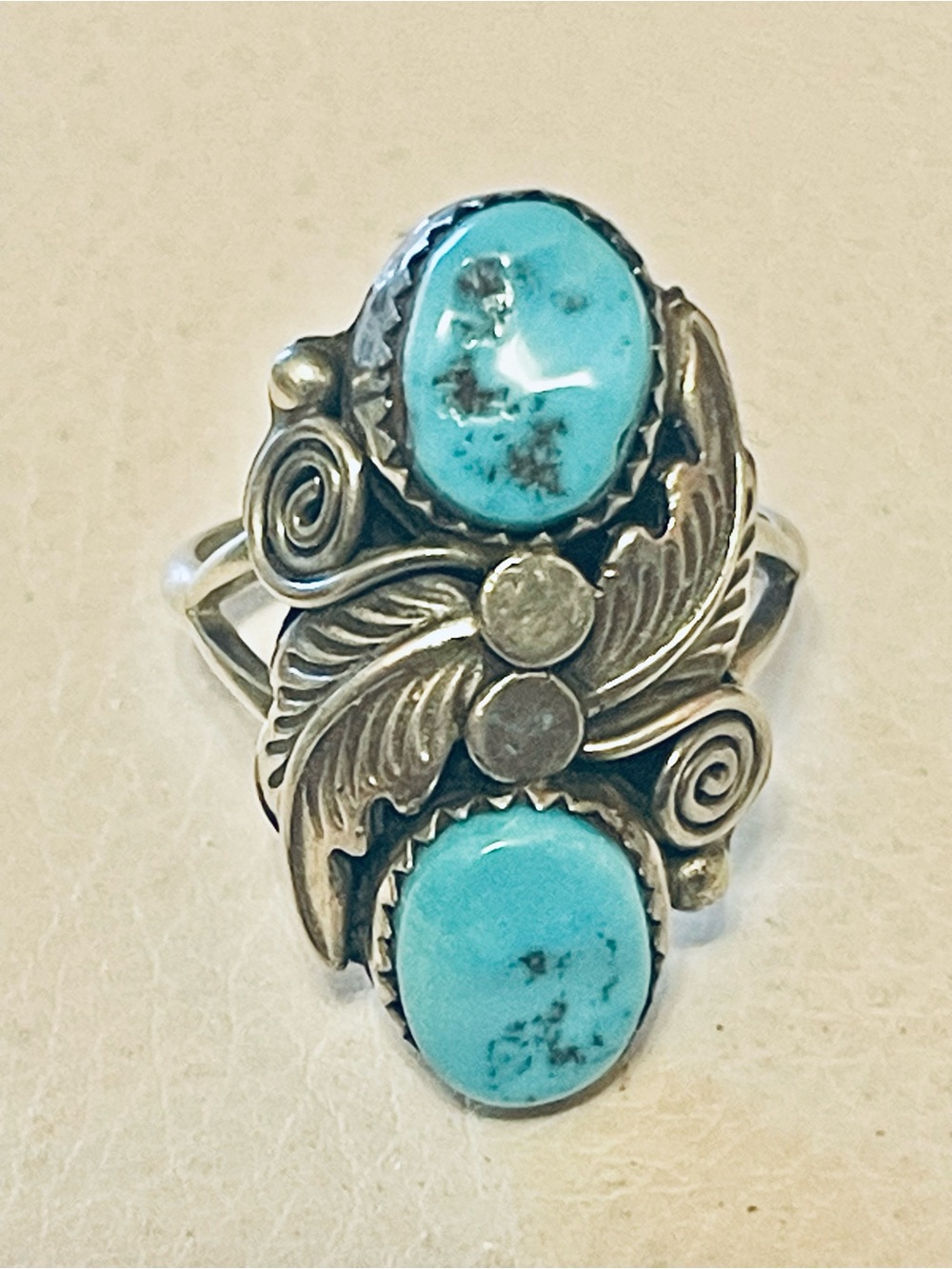 Vtg Native American Sterling Silver turquoise feather ring Sz 9-9.5